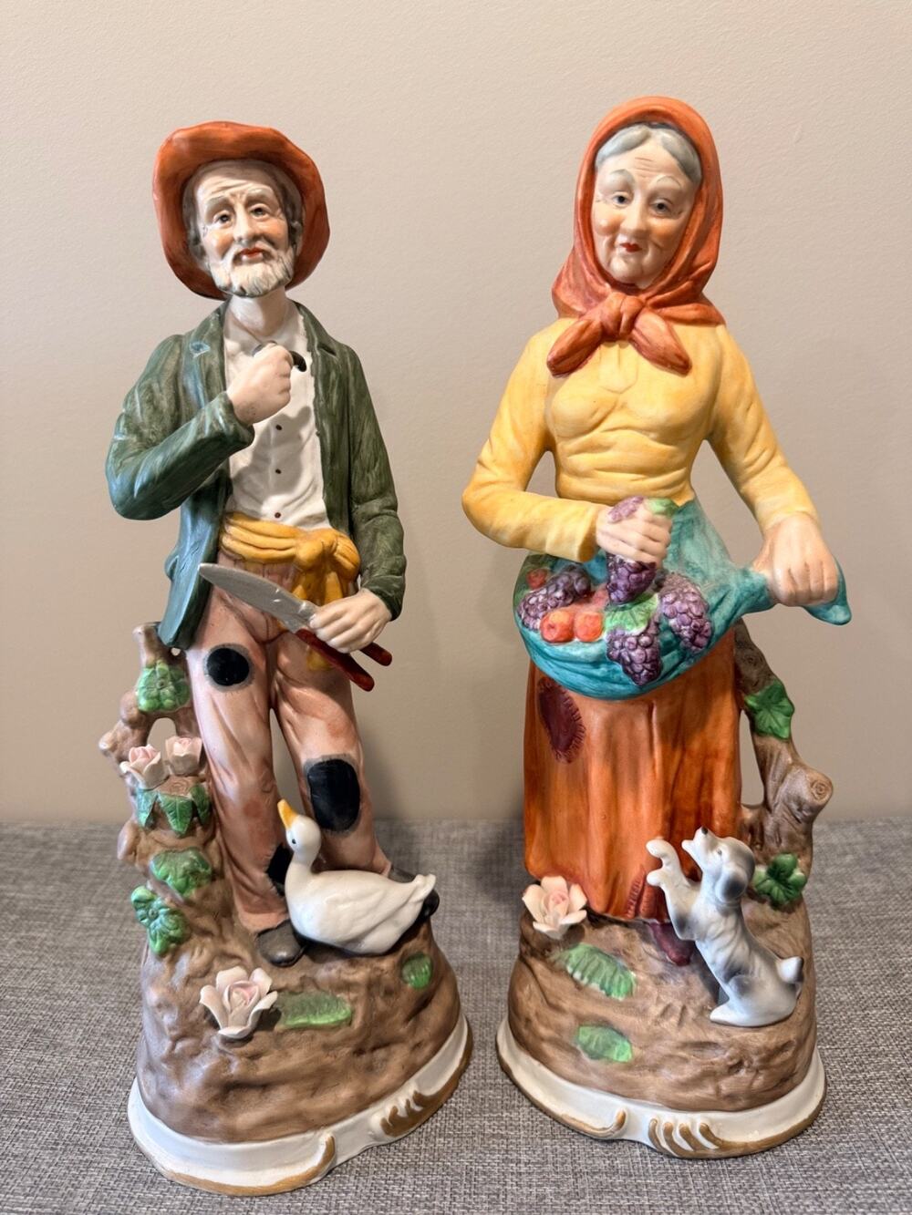 Vintage HOMCO #1417 Farmer Man Woman Figurines Dog Duck Grapes 1970s Pair